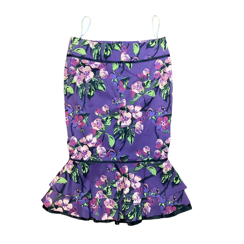 Karen Millen England Purple Floral Midi Ruffle Silk Tiered Pencil Formal Skirt 6